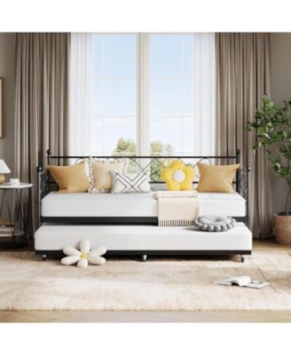 Daybed with Trundle Metal Twin Daybed Frame Headboard Platform Sofa Bed Metal Slats Living Room Guest Room