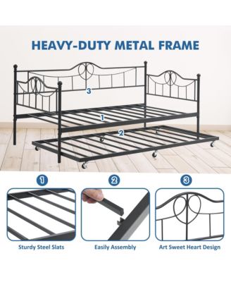 Daybed with Trundle Twin Day Bed 6 Wheels Art Sweet Heart Heavy Duty Metal Slats Pull Out Sofa Bed