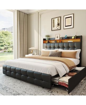 Queen Size Bed Frame with 2 Storage Drawers, Upholstered Bed Frame Queen with LED Light