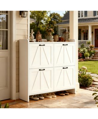 Modern Farmhouse Shoe Cabinet - 4 Flip Drawers and Adjustable Shelves, Entryway Organizer for Living Room, Hallway, White