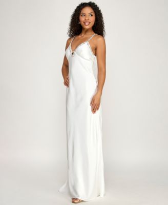 Juniors' Rhinestone Trim Long V-Neck Slip Dress