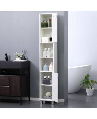 Tall Bathroom Storage Cabinet with Mirror, Wooden Freestanding Tower Cabinet with 2 Enclosed Cabinets, 2 Middle Open Shelves for Small Spaces