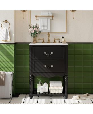 24 Inch Vintage Bathroom Vanity with Ceramic Sink, U-Shaped Drawers and Open Storage Shelf for Small Spaces-Sillysis