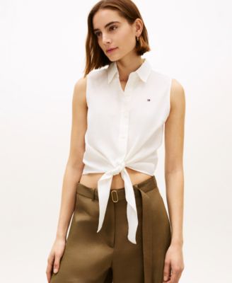 Women's Linen Knotted Collared Top