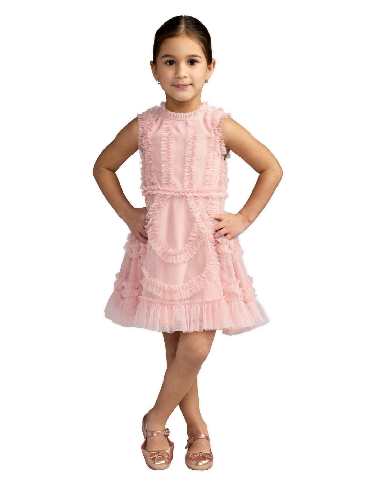 Платье Mac Duggal High Neck Sleeveless Micro Ruffle Mini Dress для девочек, цвет: Розовый — фото 1