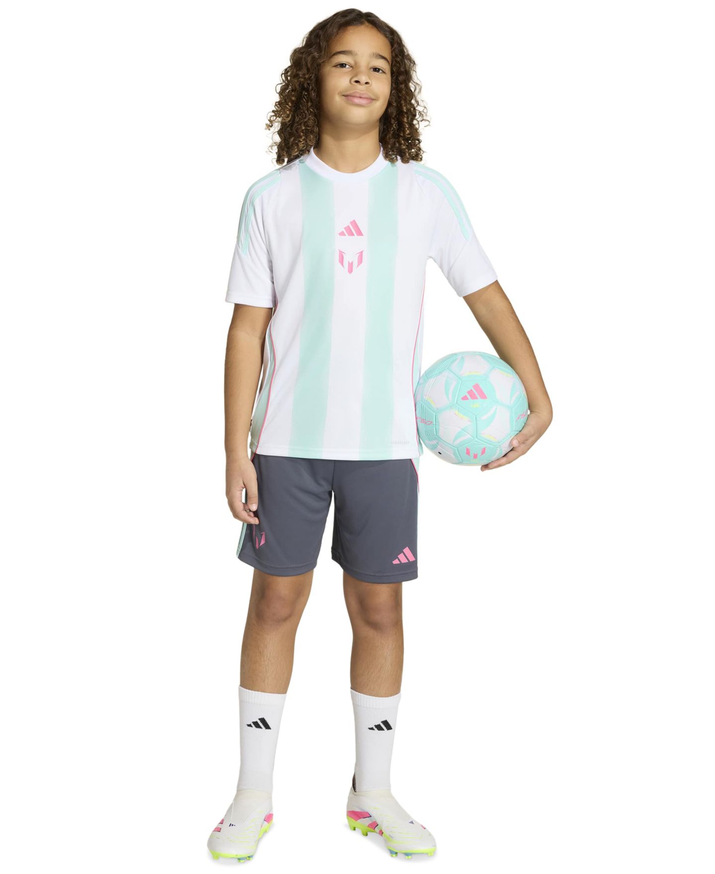 Детская тренировочная футбольная джерси adidas Messi, 6-20 лет, цвет: Белый / Аквамариновый — фото 2