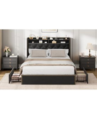Queen Size Bed Frame with 4 Storage Drawers, Velvet Fabric Upholstered Platform Bed with Tufted Headboard, Wooden Slats, No Box Spring Required