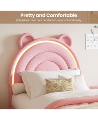 Velvet Upholstered Platform Bed Frame with LED Light, Storage Drawer, Cute Bear Headboard & Solid Wooden Slat Support