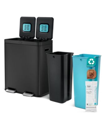 16 Gallon Stainless Steel Kitchen Trash and Recycling Can with CleanAura Odor Control and Soft Close Lids