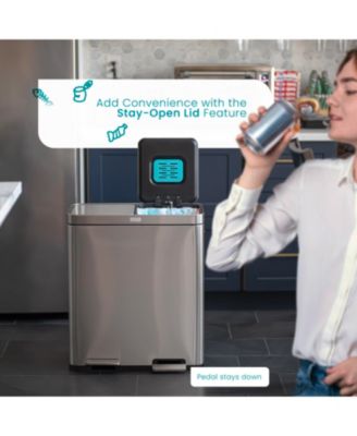 16 Gallon Stainless Steel Kitchen Trash and Recycling Can with CleanAura Odor Control and Soft Close Lids