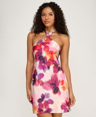 Juniors' Printed Halter Neck Dress