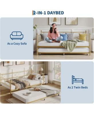 Twin Metal Daybed Frame with Trundle Heavy Duty Slats Platform Sofa Bed Lockable Casters for Living Room Bedroom Guest