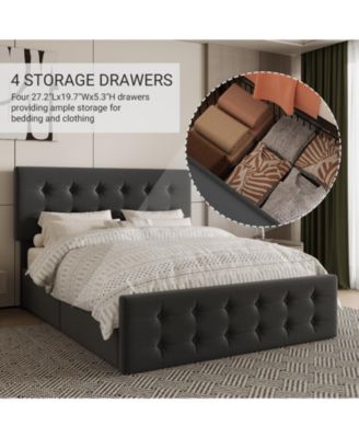 Bed Frame 4 Storage Drawers Linen Upholstered Headboard Wooden Slats No Box Spring Button Tufted