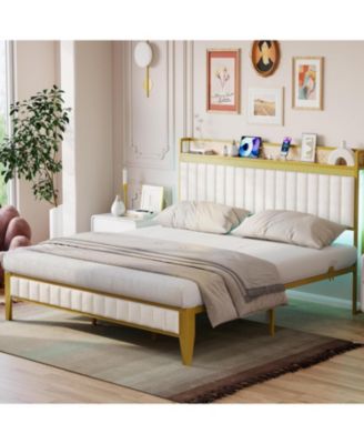 King Size Bed Frame with LED Lights and Charge Station, Upholstered Platform Bed with Storage Headboard, Heavy Duty Metal Slats, Easy Assembly