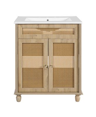 Natural Bathroom Vanity with Resin Sink, Freestanding Cabinet with Rattan Doors & Soft Close for Modern Storage