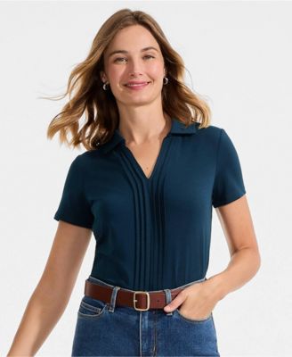 Women's Short Sleeve Lightweight Jersey Pintuck Open Collar Polo
