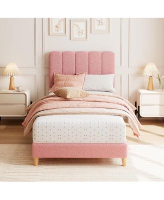 Twin Boucle Bed Frame Wave Headboard Upholstered Platform Wood Slat Support No Box Spring Easy Assembly