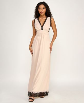 Juniors' Sleeveless V-Neck Deep Plunge Lace Trim Dress