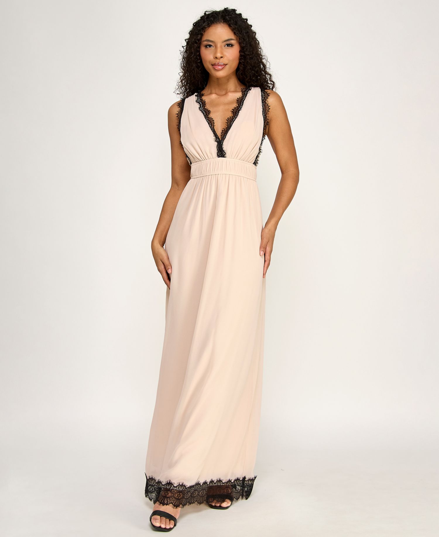 Juniors' Sleeveless V-Neck Deep Plunge Lace Trim Dress