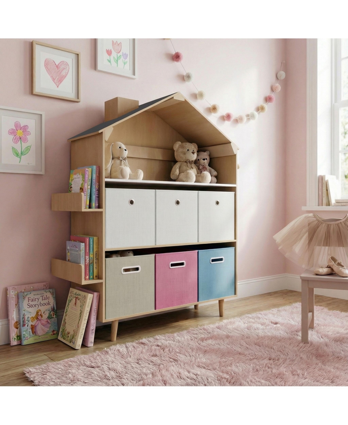 Mega Casa House-Shaped Kids Storage Rack / Toy Storage Organizer With Bookself for Kids' Rooms, Playrooms