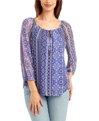 Women's Print Mesh Scoop Neck Peasant Top