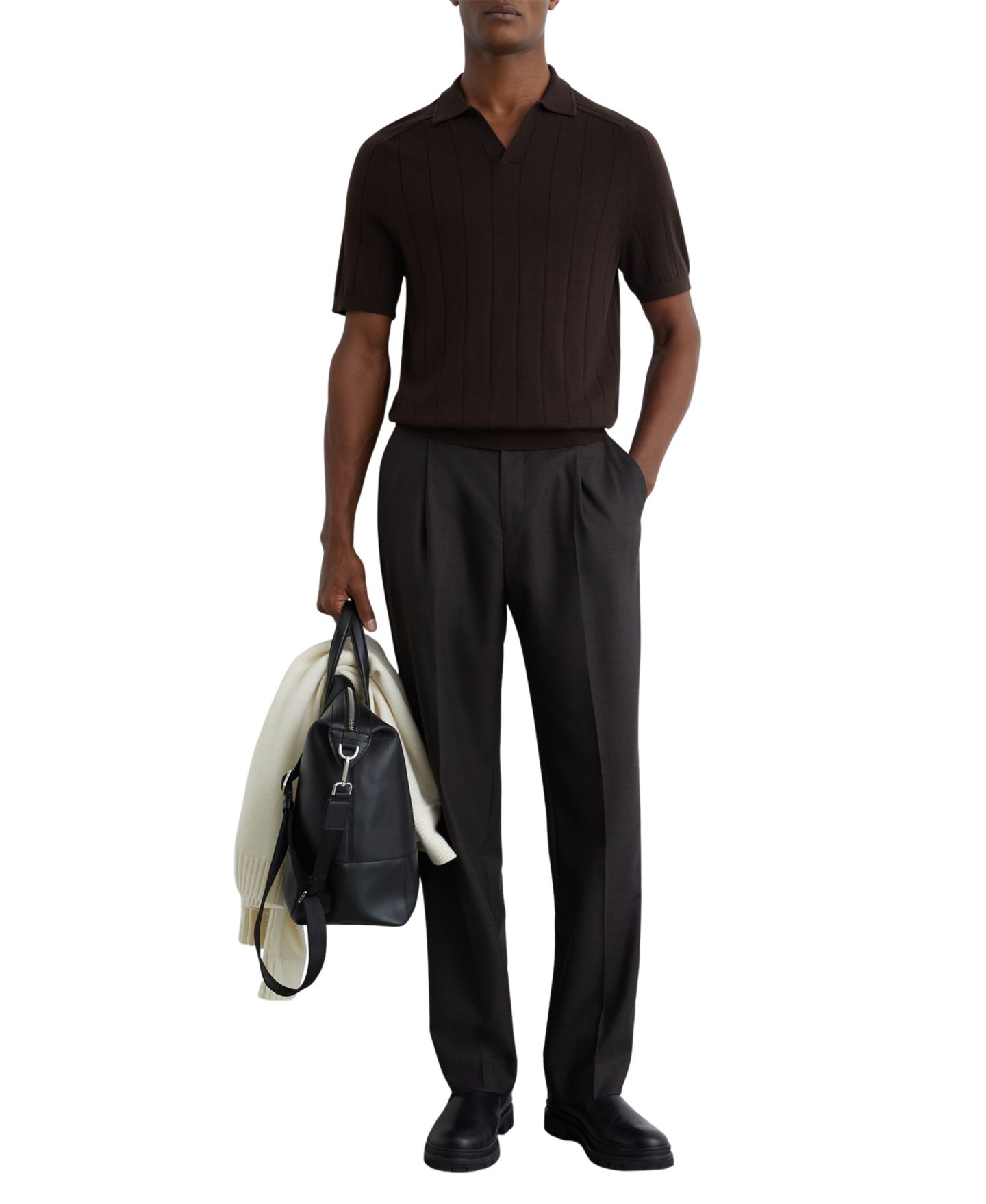Мужской свитер REISS Chelmsford Merino Wool Wide-Rib Polo Jumper, цвет: Шоколадный — фото 2