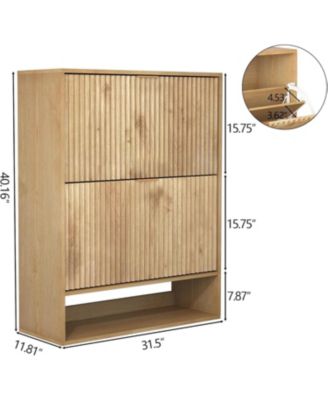 31.5''W Slim Fluted Shoe Cabinet for Entryway Freestanding Narrow Shoe Storage with 2 Flip Drawers Open Bottom Shelf and Side Hooks for Foyer
