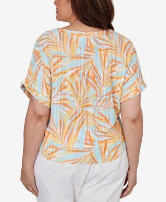 Plus Size Printed Eyelet Gauze V-neck Top with Tie-Front