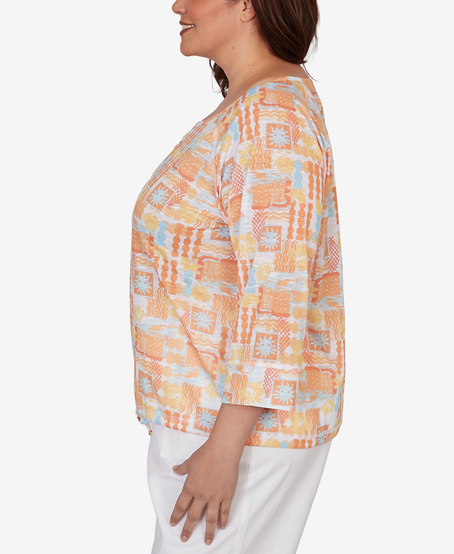 Plus Size Printed Slub Blouson Top with Three-Quarter-Sleeve