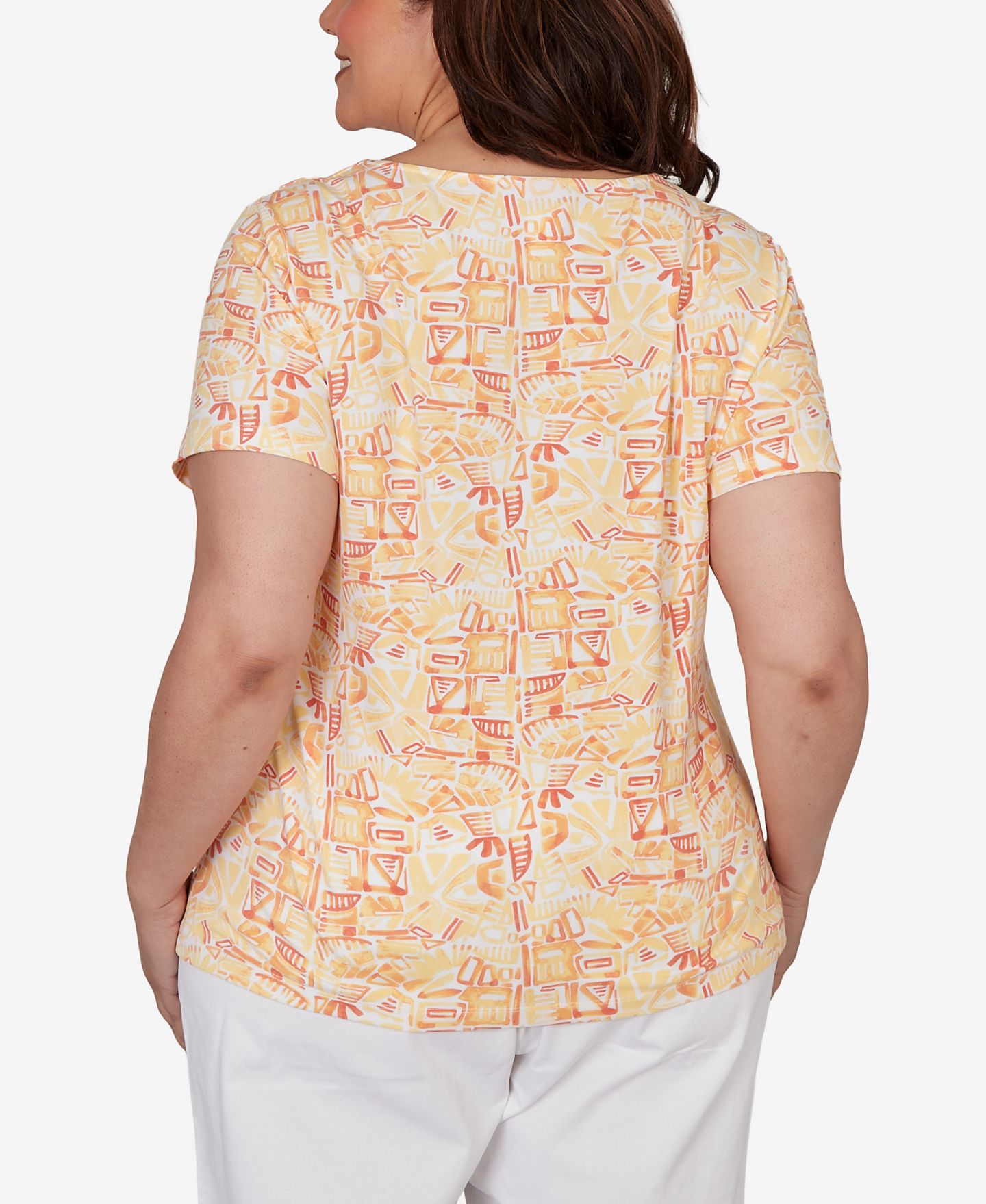 Женский топ HEARTS OF PALM Plus Size Printed Stretch Jersey Short-Sleeve Bead Neck, цвет: Лимонный разноцветный — фото 5