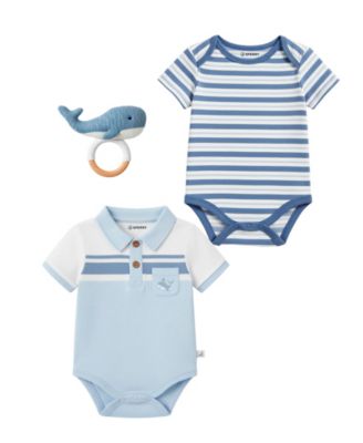 Baby Boys' Short-Sleeve Bodysuits with Crochet Whale Rattle, 2-Pack 