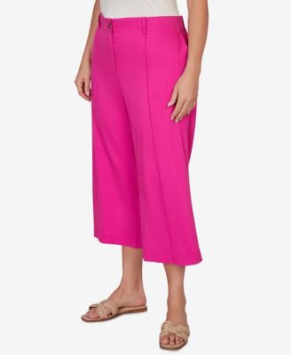 Plus Size Stretch Linen Wide-Leg Fly-Front Capri Pants
