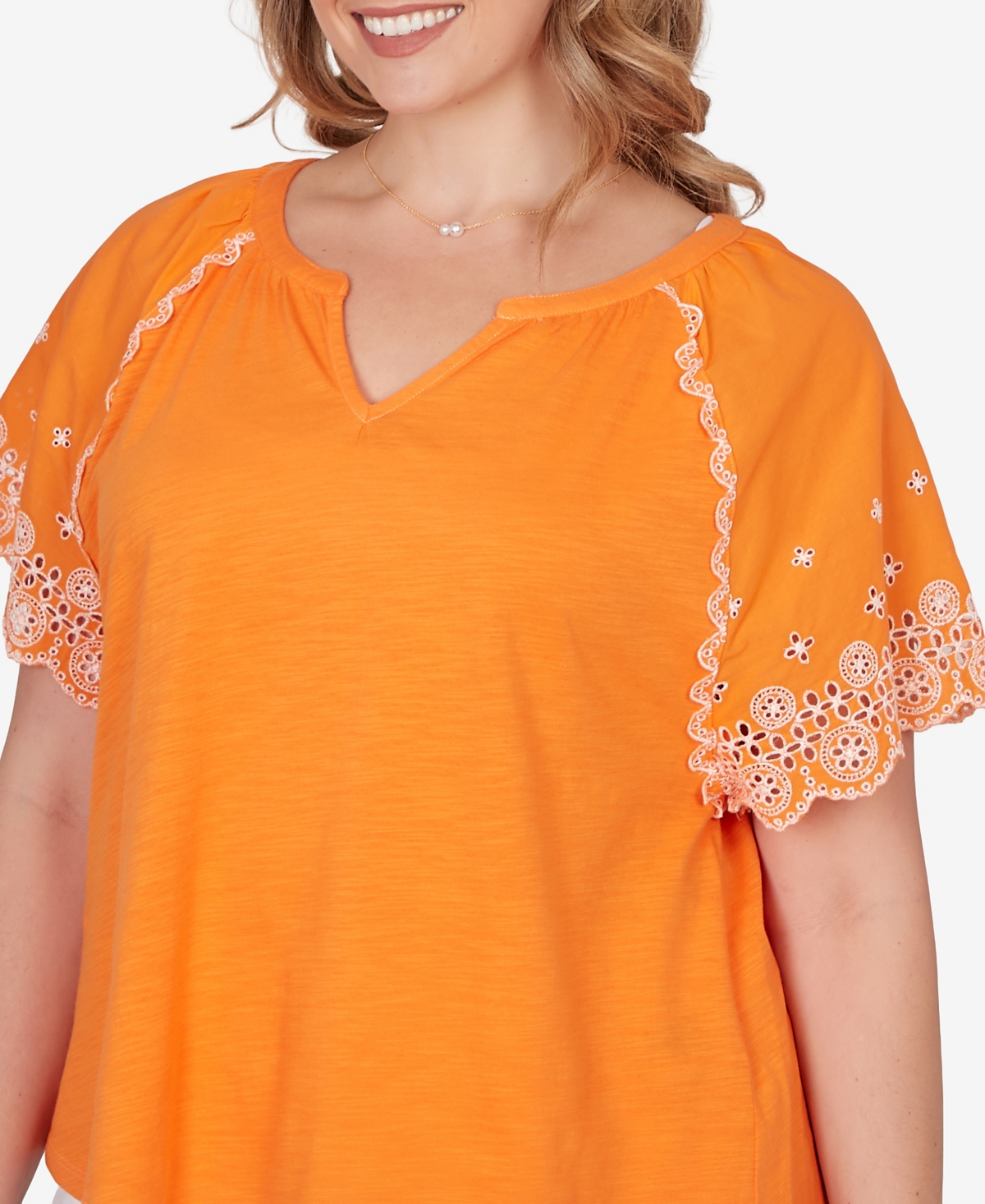 Ruby Rd. Plus Size Embroidered Sleeve Slub Knit Top