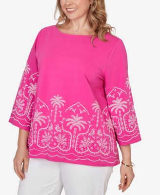 Plus Size Palm Tree Embroidered Knit Top