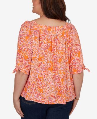 Plus Size Paisley Print Tie-Sleeve Knit Top