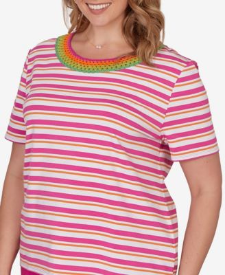Plus Size Crochet Neck Stripe Knit Top