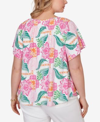 Plus Size Tropical Floral Eyelet Flutter Sleeve Top