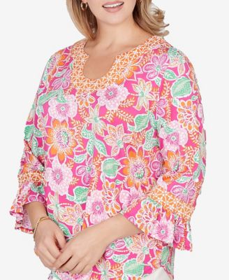 Plus Size Floral Puff Print Ruffle Sleeve Knit Top