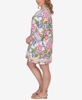 Plus Size Bold Tropical Solid Trim Shift Dress