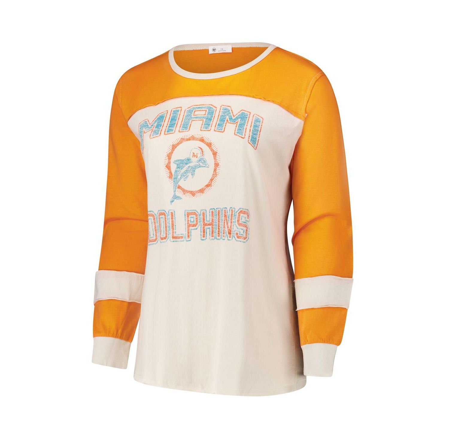 Women's Cream/Orange Miami Dolphins Plus Size Double Header Curve Toni Long Sleeve T-Shirt
