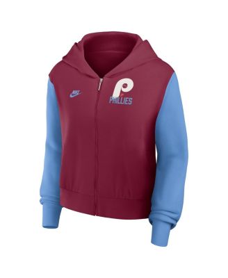 Women's Burgundy/Light Blue Philadelphia Phillies Cooperstown Collection Cropped Full-Zip Hoodie