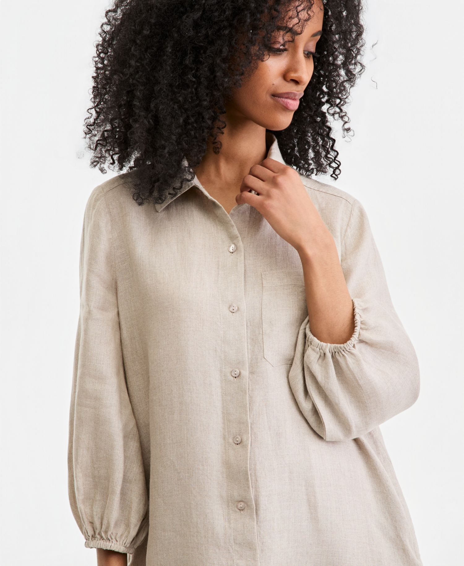 Plus Size 100% Linen Collared Flounce Dress