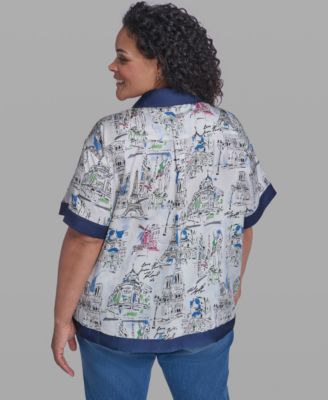 Plus Size Printed Collared Camp Shirt