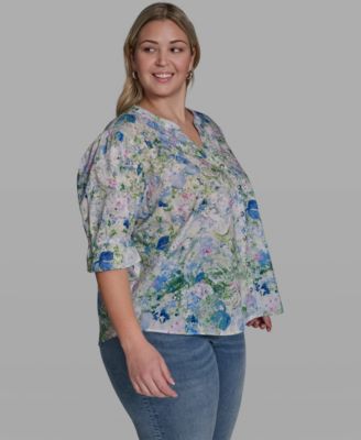 Plus Size Allover Watercolor Split Neck Top