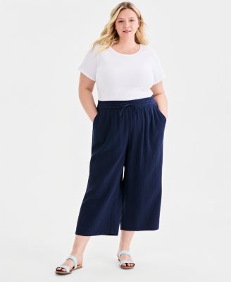 Plus Size Cotton Gauze Cropped Drawstring Pants