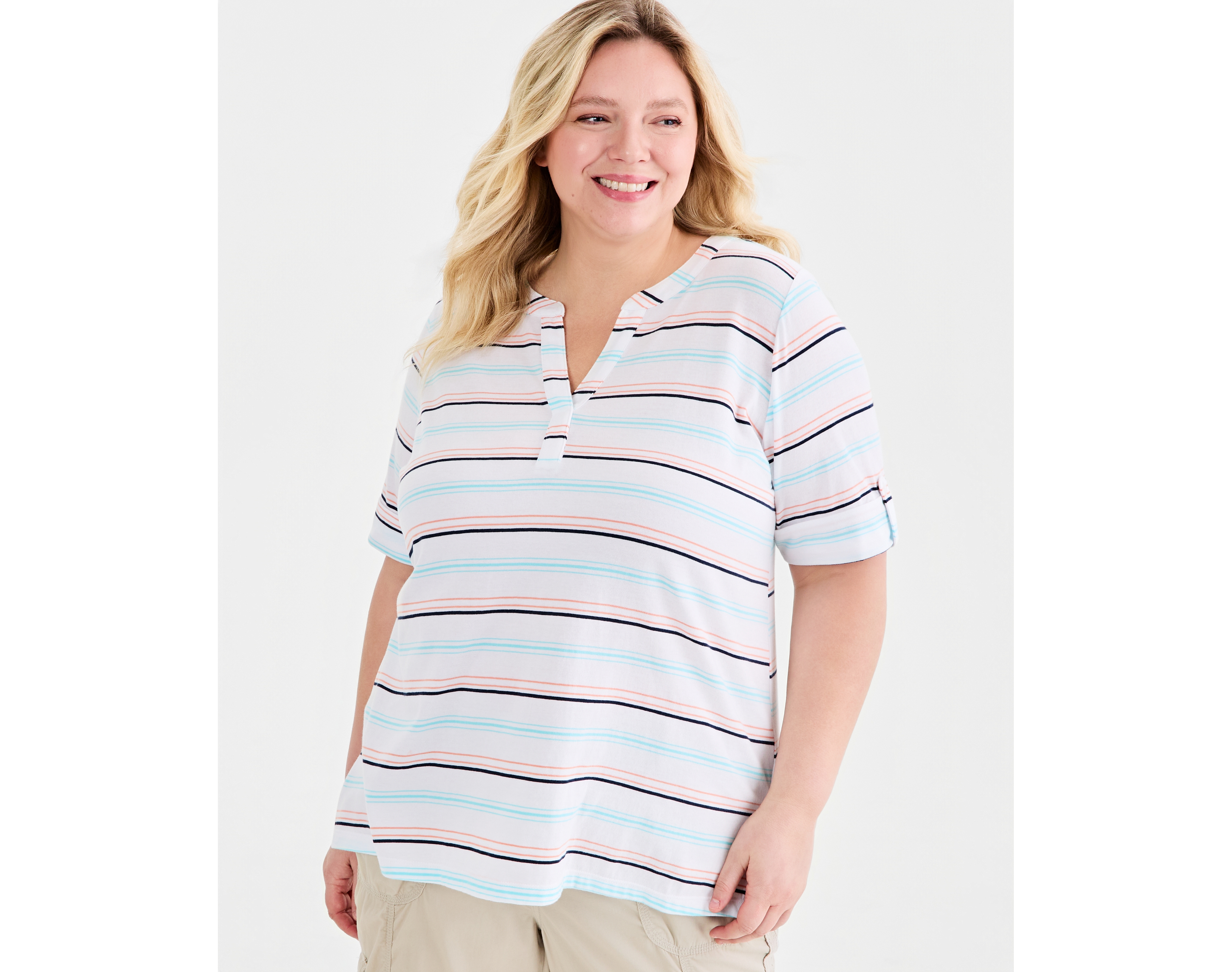 Style & Co Plus Printed Roll-Tab Split-Neck Elbow-Sleeve Tunic, Macy's Exclusive