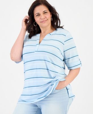 Plus Size Striped Roll-Tab Elbow-Sleeve T-Shirt