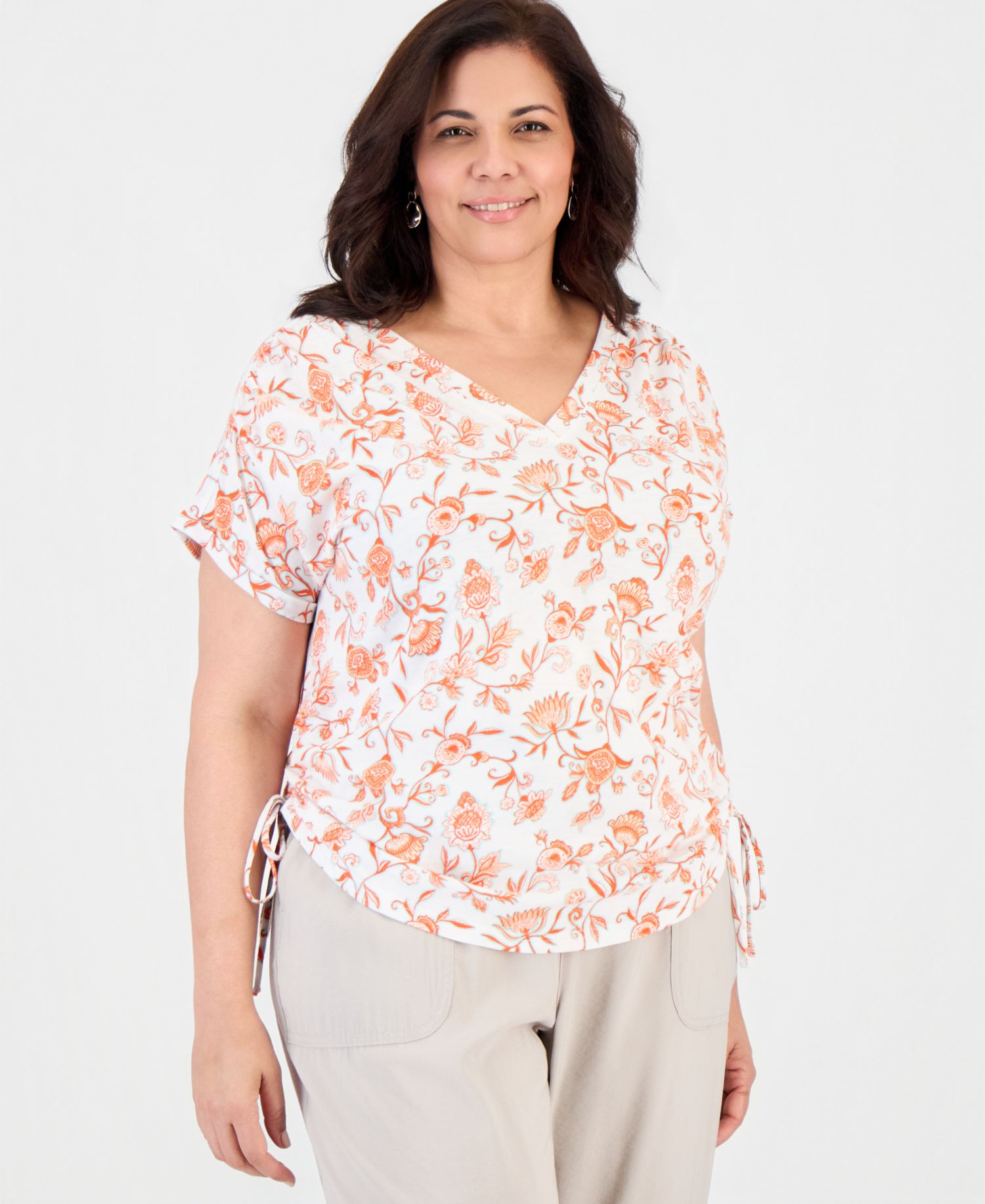Petite Ruched Tie Fresh Paisley Print V-Neck Top