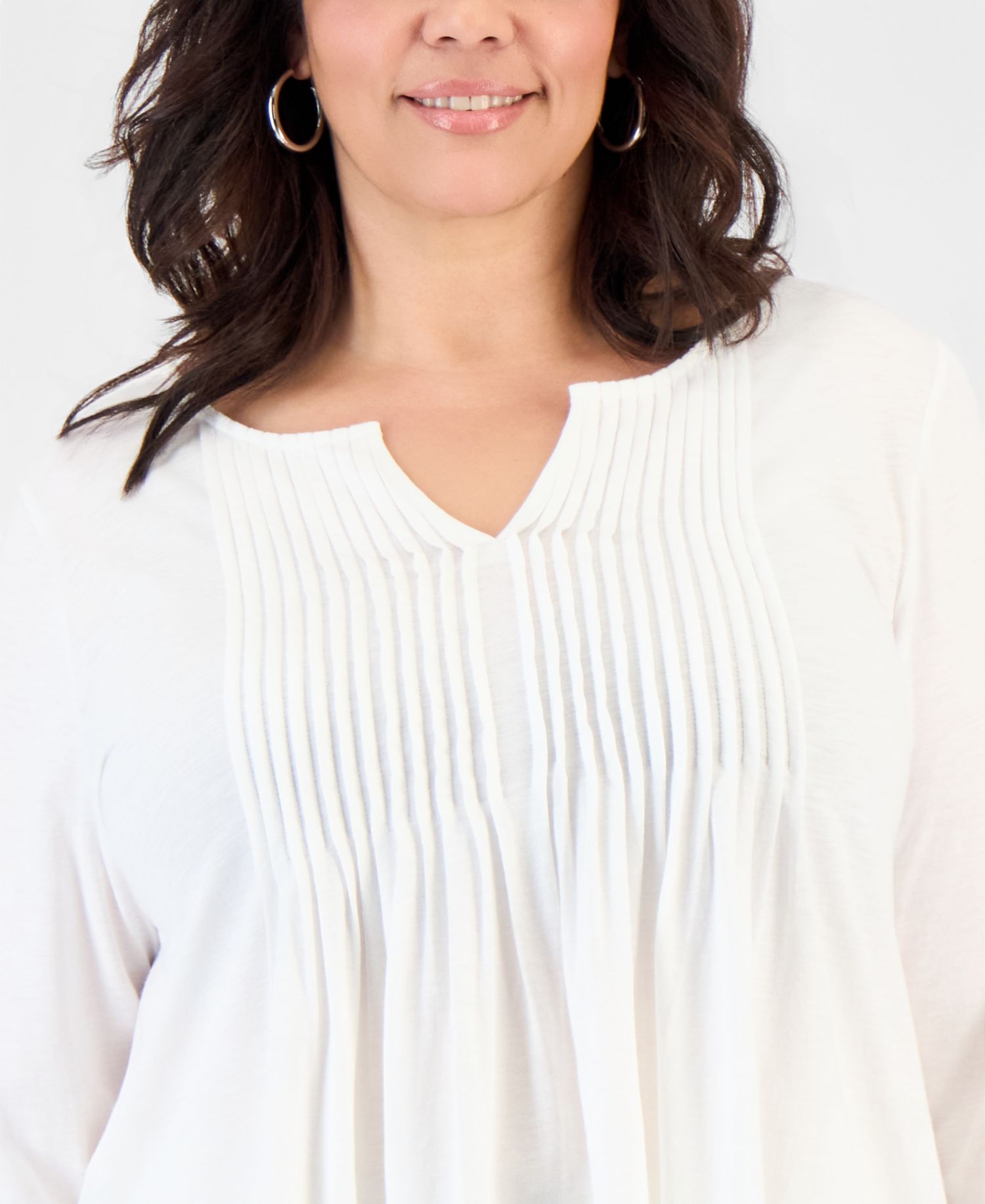 Plus Size Pintuck Split-Neck 3/4-Sleeve Top