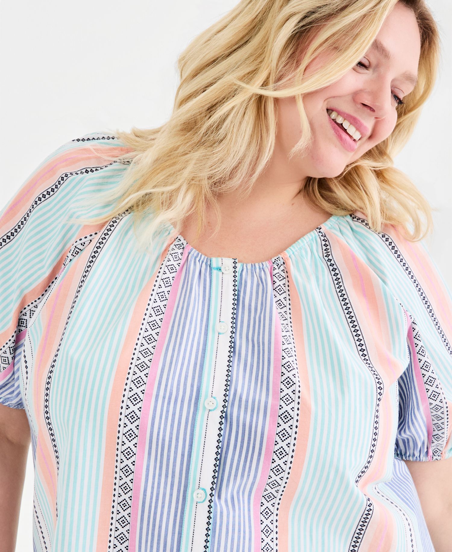 Plus Size Cotton Button-Front Puff-Sleeve Top